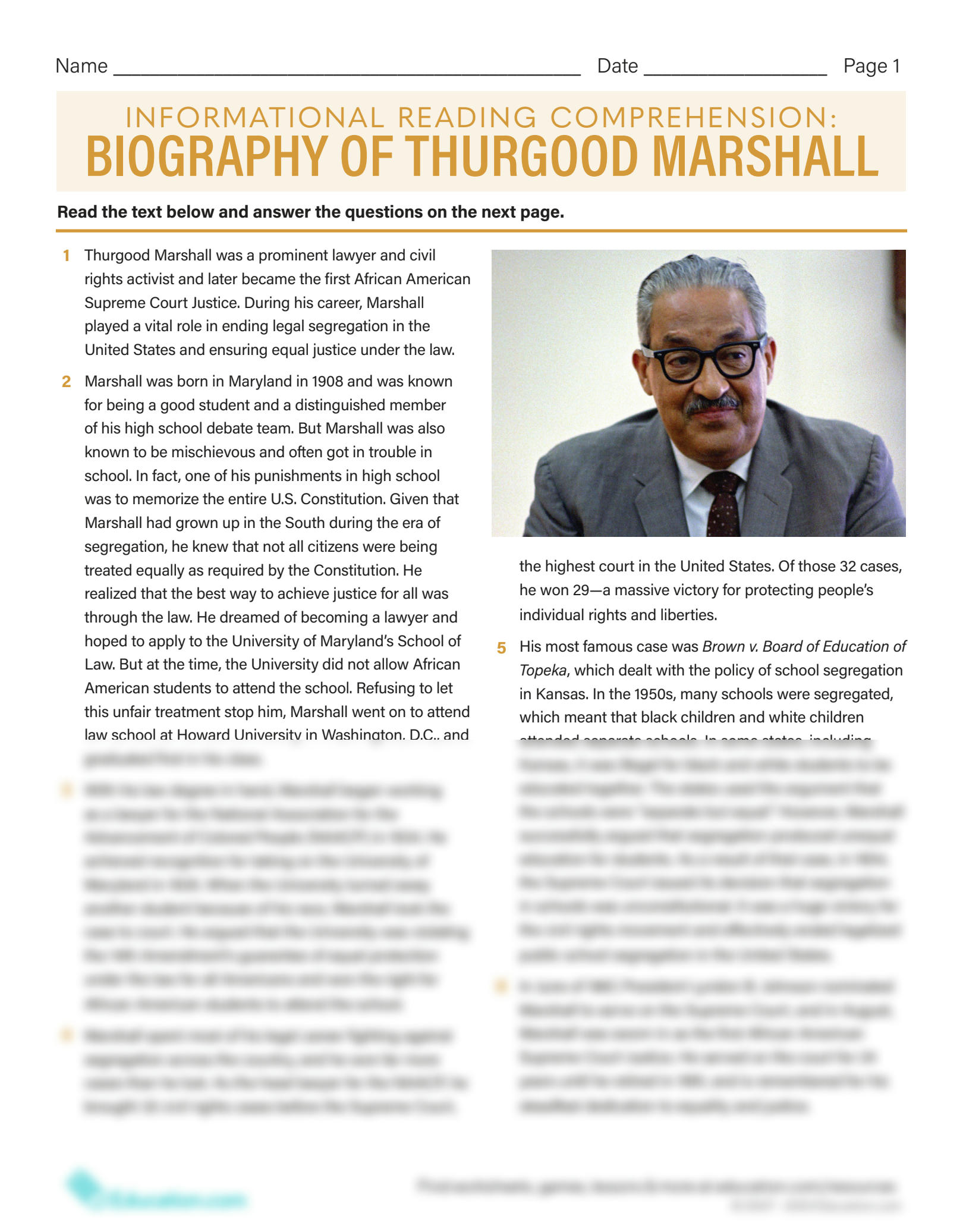 informational reading comprehension biography of thurgood marshall answer key